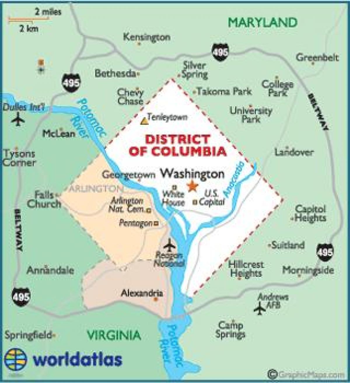 واشنگٹن ڈی سی اور واشنگٹن ریاست کا نقشہ