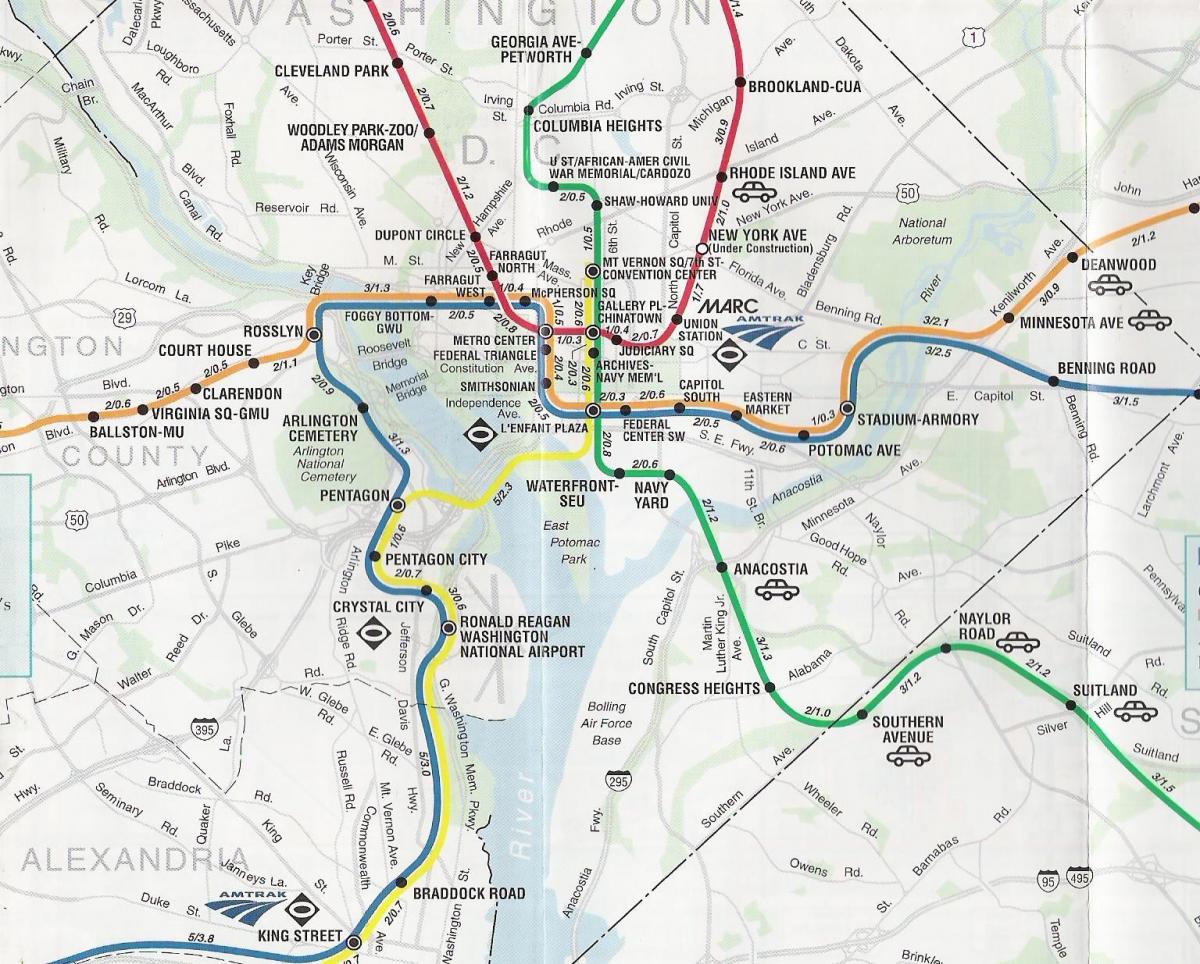 واشنگٹن ڈی سی سڑک کے نقشے کے ساتھ میٹرو اسٹیشنوں