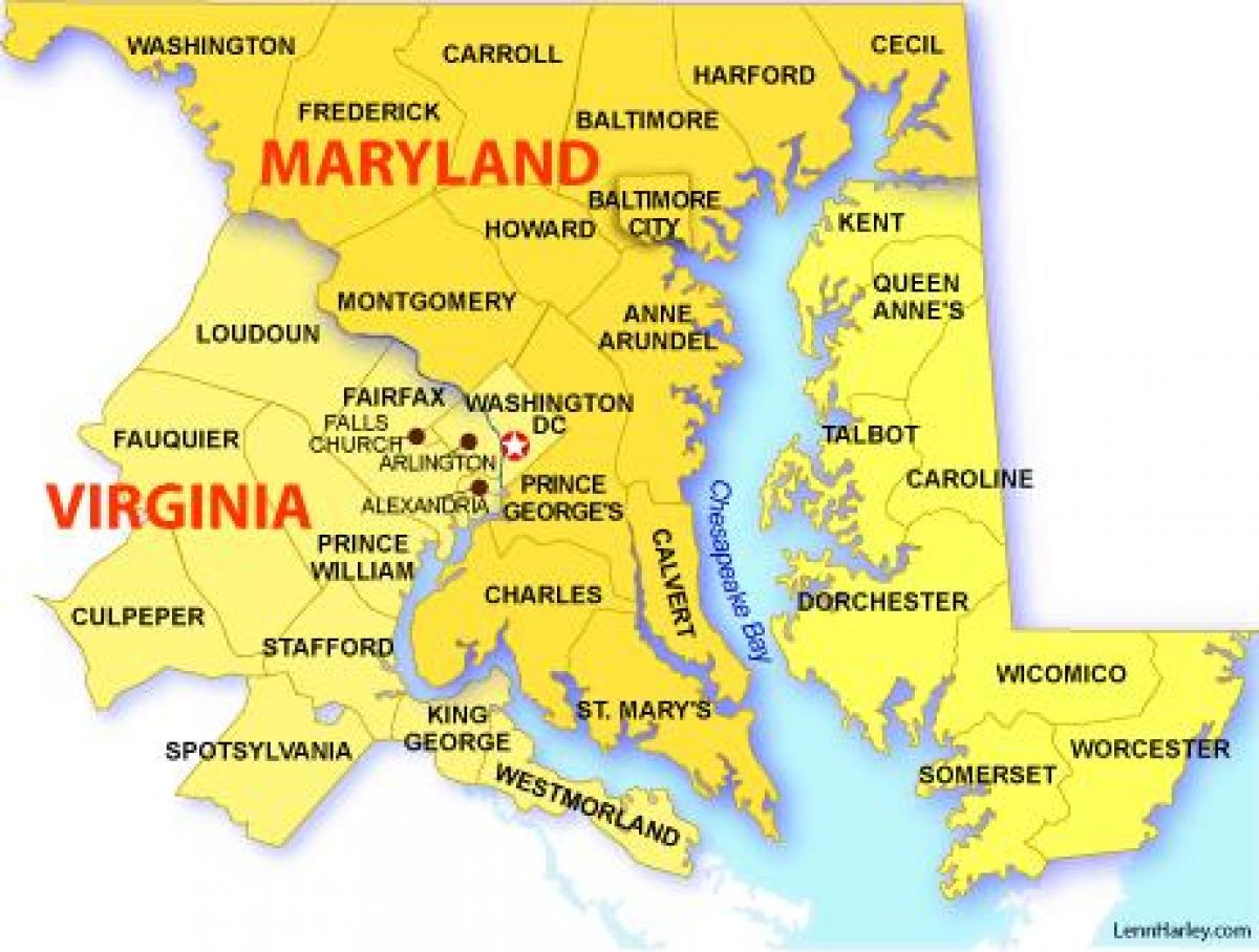 نقشہ کے ورجینیا ، میری لینڈ اور واشنگٹن ڈی سی